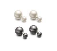 MichelleYoung Two Pairs Sterling Silver Earrings - Double Sided White and Grey Faux Pearl, Ball Stud, Front and Back