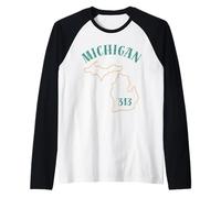 Michigan 313 Area Code Graphic - Great Lakes State Detroit Raglan Baseball Tee