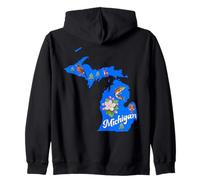 Michigan Map State Symbols Flower Bird Fish Zip Hoodie