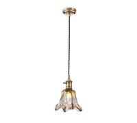 Michigan Single Ceiling Pendant Light - Antique Brass with Black Cable and Flower Glass Shade