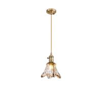 Michigan Single Ceiling Pendant Light - Antique Brass with Brown Cable and Flower Glass Shade