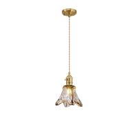 Michigan Single Ceiling Pendant Light - Brass with Brown Cable and Flower Glass Shade