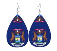 Michigan State Flag Leather Earring For Women Teardrop Dangle Printed Fashion Accessories Daily Wear Party