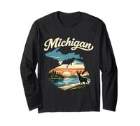 Michigan State Sunset Lake Deer Forest Scenic Nature Long Sleeve T-Shirt