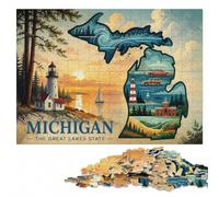 Michigan The Great Lakes State Illustration Jigsaw Puzzle, 1000 Pieces | Festive puzzle present: tabletop activity for adults on weekends.