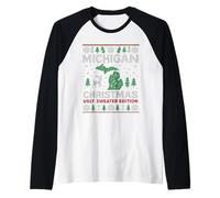 Michigan Ugly Xmas Shirt MI Reindeer Tree Knit Pattern Raglan Baseball Tee
