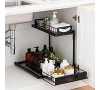 MICHIHOMIE Metal Under Sink Storage Organiser, 2-Tier Pull Out Sliding Basket Drawer Rack, Under Sink Organizer with Upgrade Suction Cups, Cupboard Storage Solution