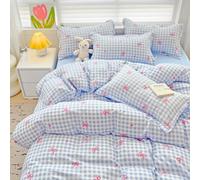 Michorinee Blue Plaid with Pink Hearts Double Duvet Cover Set Print Bedding Set Kawaii Style Reversible Girls Aesthetic Cute Microfibre Quilt Cover 200x200 cm with Zipper Closure Pillowcase 50x75 cm