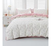 Michorinee Double Duvet Set White with Pink Tulip Floral 100% Cotton Reversible Bedding Set 3pcs Aesthetic Cute Flower Printed Quilt Cover 200x200 cm with Zipper Closure and 2 Pillowcases 50x75 cm