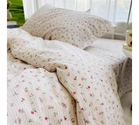 Michorinee Floral Double Duvet Cover Set Pink Roses Flowers Pattern Bedding Vintage Beige Striped Microfiber Quilt Cover with Zipper Closure and 2 Pillow Cases 50 x 75 cm Easy Care