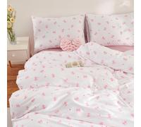 Michorinee Pink Bow Single Duvet Cover Set 100% Cotton Pink Bows Heart Print White Aesthetic Kawaii Bowknot Bedding Set Girls Quilt Cover 135x200 cm and 1 Pillow case 50 x 75 cm with Zipper Closure