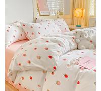 Michorinee Pink Strawberry Single Duvet Cover Set White Print Bedding Kawaii Style Reversible Girls Aesthetic Cute Renforce Microfibre Quilt Cover 135x200 cm with Zipper Closure Pillowcase 50x75 cm