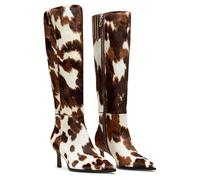 MICIFA Burgundy Kitten Heel Knee High Boots for Women Side Zipper Tall Leather Boots Pointed Toe Fall Dress Boots, Cow Print, 7 UK