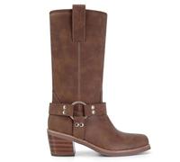 MICIFA Riding Boots for Women Square Toe Cowboy Cowgirl Boots Pull On Mid Calf Biker Moto Boot Chunky Block Heel Western Motocycle Booties with Studs, Brown, 4 UK