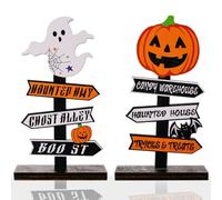 MICJLLT 2 Pcs Happy Halloween Table Decorations,Wooden Pumpkins and Ghosts Table Centerpieces Sign Ornaments Set,Halloween Wooden Decorations Pumpkin Boo Spooky Trick or Treat Party Suppile
