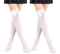 MICJLLT White Stockings,White Knee High Socks with Bows Opaque Satin and Anti-Skid for Women,Thigh High Socks Long for Halloween Cosplay Costume Party Tights Cheerleader/Crossdressers Accessory