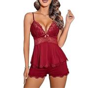 Mickcorbin lace V-neck suspender shorts pajamas set, ruffled splicing spaghetti strap vest, high-end sexy gathered waist pajamas set (Burgundy,M)