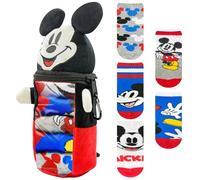 Mickey Mouse Boys 5-Pack Crew Socks + Plush Pencil Case Set - Official Disney Character Socks for Boys Ages 2-6 with Bonus Zippered Pencil Case