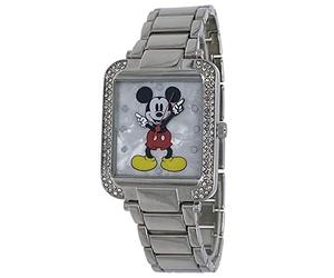 Mickey Mouse Disney MK8173 Women's Rectangular Silver Tone Crystal Accented MOP Dial 3-Hand Analog Watch, silver