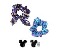 Mickey Mouse Earrings and Hair Scrunchies 3-Piece Set Official License | Black Enamel Mickey Stud Earrings and 2 Scrunchies, Disney Halloween Hair Accessories and Jewelry Set