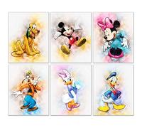 Mickey Mouse Original Watercolor Prints Set of 6 Wall Art Prints for Kids Room Wall Decor (8 x 10 Inch) Minnie Donald Daisy Duck Pluto Goofy