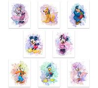 Mickey Mouse Watercolor Prints - Unframed Set Of 8 (8 Inches X 10 Inches) Mickey Mouse Wall Art Decor - Minnie Mouse Room Decor - Donald Ducks Daisy Duck Goofy Pluto Decor Poster