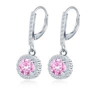 MicLee 925 Sterling Silver French Buckle Gemstone Hoops Earrings for Women Pink Zirconia Dangle Drop Sparkling Round Zircon Creoles Wedding Party Prom Luxury Jewelry