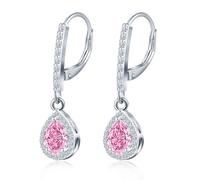 MicLee 925 Sterling Silver French Buckle Gemstone Hoops Earrings for Women Pink Zirconia Dangle Drop Sparkling Teardrop Zircon Creoles Wedding Party Prom Luxury Jewelry