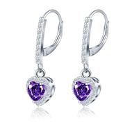 MicLee 925 Sterling Silver French Buckle Gemstone Hoops Earrings for Women Purple Zirconia Dangle Drop Sparkling Heart Zircon Creoles Wedding Party Prom Luxury Jewelry