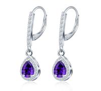 MicLee 925 Sterling Silver French Buckle Gemstone Hoops Earrings for Women Purple Zirconia Dangle Drop Sparkling Teardrop Zircon Creoles Wedding Party Prom Luxury Jewelry