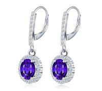 MicLee 925 Sterling Silver French Buckle Gemstone Hoops Earrings for Women Purple Zirconia Dangle Drop Sparkling Oval Zircon Creoles Wedding Party Prom Luxury Jewelry