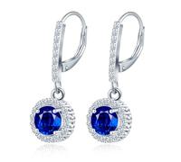 MicLee 925 Sterling Silver French Buckle Sapphire Hoops Earrings for Women Blue Zirconia Dangle Drop Sparkling Round Gemstone Creoles Wedding Party Prom Luxury Jewelry