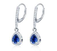 MicLee 925 Sterling Silver French Buckle Sapphire Hoops Earrings for Women Blue Zirconia Dangle Drop Sparkling Teardrop Gemstone Creoles Wedding Party Prom Luxury Jewelry