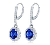 MicLee 925 Sterling Silver French Buckle Sapphire Hoops Earrings for Women Blue Zirconia Dangle Drop Sparkling Oval Gemstone Creoles Wedding Party Prom Luxury Jewelry
