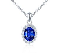 MicLee 925 Sterling Silver Sapphire Necklace for Women Sparkling Blue Oval Zirconia Necklets Pendant Elegant Bridal Wedding Party Prom Jewelry