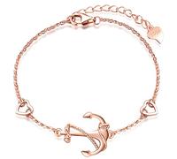 MicLee Bracelet elegant for womens and girls, 925 sterling silver bracelets, Classic anchor bracelet, link with mini heart, symbol of courage, protection and strength, adjustable chain, rose gold