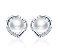 MicLee Pearl Earrings Simulated 8mm Pearl Studs 925 Sterling Silver Earring Heart Set with Box Card