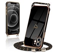 Micoden for iPhone 12 Case Crossbody Lanyard with Cord Neck Strap Cute Heart for Girls Women Holder with Necklace Silicone Shockproof Cover for iPhone 12 Black