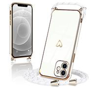 Micoden for iPhone 12 Case Crossbody Lanyard with Cord Neck Strap Cute Heart for Girls Women Holder with Necklace Silicone Shockproof Cover for iPhone 12 White