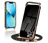 Micoden for iPhone 13 Case Crossbody Lanyard Cord Neck Strap Chain Cute Heart Electroplating for Girls Women Holder with Necklace Silicone Shockproof Cover for iPhone 13 Black