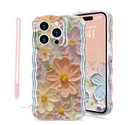 Micoden for iPhone 13 Pro Case Oil Retro Floral Print Curly Wave Silicone Case Aesthetic Fashion Flower Girls Women Phone Case with Strap for iPhone 13 Pro Light Purple