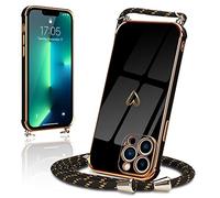 Micoden for iPhone 13 Pro Max Case Crossbody Lanyard Cord Neck Strap Chain Cute Heart Electroplating for Girls Women Holder with Necklace Silicone Shockproof Cover for iPhone 13 Pro Max Black