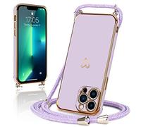 Micoden for iPhone 13 Pro Max Case Crossbody Lanyard Cord Neck Strap Chain Cute Heart Electroplating for Girls Women Holder with Necklace Silicone Shockproof Cover for iPhone 13 Pro Max Purple