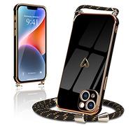 Micoden for iPhone 14 Case with Strap Crossbody Lanyard Cord Neck Cute Heart for Girls Women Holder with Necklace Silicone Shockproof Cover for iPhone 14 Black