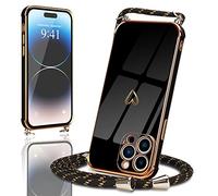 Micoden for iPhone 14 Pro Max Case with Strap Crossbody Lanyard Cord Neck Cute Heart for Girls Women Holder with Necklace Silicone Shockproof Cover for iPhone 14 Pro Max Black