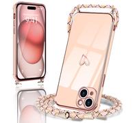Micoden for iPhone 15 Case with Strap Crossbody Lanyard Cord Neck Cute Heart for Girls Women Holder with Necklace Silicone Shockproof Cover for iPhone 15 Pink
