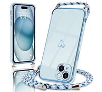 Micoden for iPhone 15 Case with Strap Crossbody Lanyard Cord Neck Cute Heart for Girls Women Holder with Necklace Silicone Shockproof Cover for iPhone 15 Blue