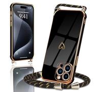 Micoden for iPhone 15 Pro Case with Strap Crossbody Lanyard Cord Neck Cute Heart for Girls Women Holder with Necklace Silicone Shockproof Cover for iPhone 15 Pro Black