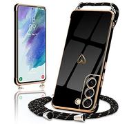 Micoden for Samsung S21 FE Case Crossbody Lanyard with Cord Neck Strap Cute Heart for Girls Women Holder with Necklace Silicone Shockproof Cover for Samsung Galaxy S21 FE 5G Black