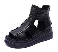 Micoklinlin Sandals for Women Black Genuine Leather Boots Sandals Zip Open Toe Flat Platform Sandals Ladies Dressy Summer comfortable Outdoor Beach Walking Shoes